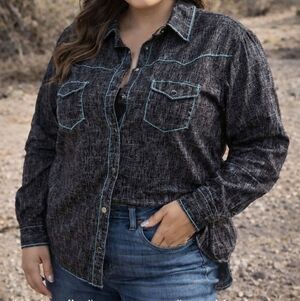 Panhandle 100% Cotton Black Textured Western Shirt Aqua Trim Snap Button Down